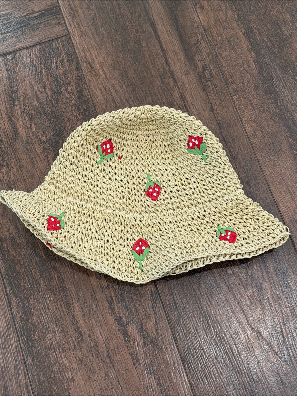 Straw Crochet Bucket Hat with Red Strawberry Embroidery